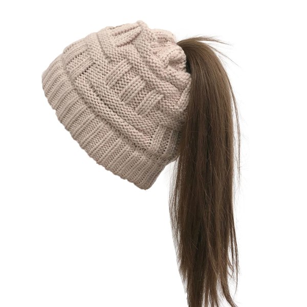 Women's Ponytail Beanie with Mask Buttons, Crossover Winter High Messy Bun Beanie with Ponytail Holes, White