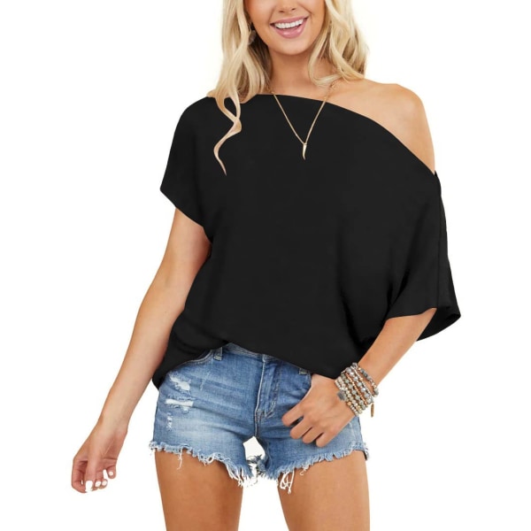 Kvinners Off Shoulder Topper Korte Ermer Casual Løs Batwing Skjorter Oversized Bluse Tunika（L）