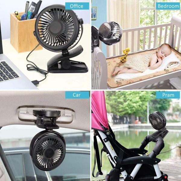 Mini USB-ventilator, lydløs bærbar ventilator med genopladeligt batteri, 3 hastigheder, 360 graders rotation til soveværelse, kontor, klapvogn, campingplads