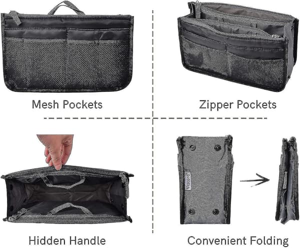 Taskeindsats i nylon til håndtasker, 13 lommer (sort)