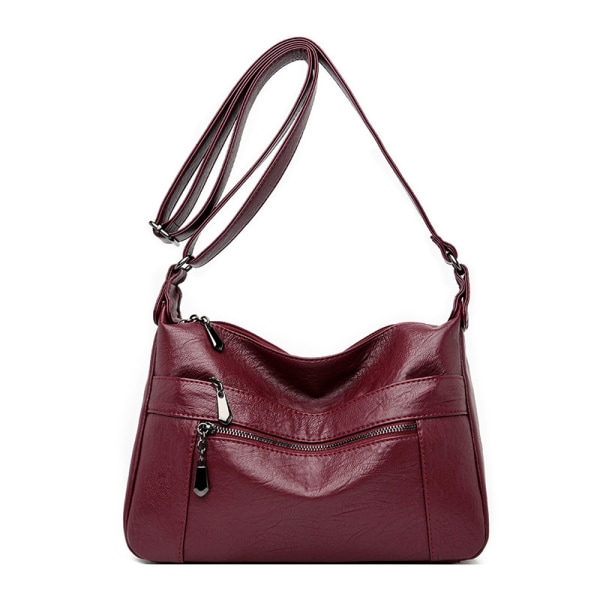 Dam Läder Crossbody Väska Multi-Pocket Mjuk Dam Läder Axelväska Handväska Lätt med Justerbar Rem (Röd)