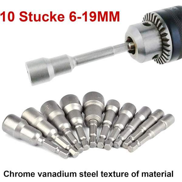 10 stk. Svette Skruebits 6-19mm - Fotadapter, sekskantet for skrutrekker med hånddrill, elektrisk skrutrekker, pipenøkkel (vanadiumkrom stål)