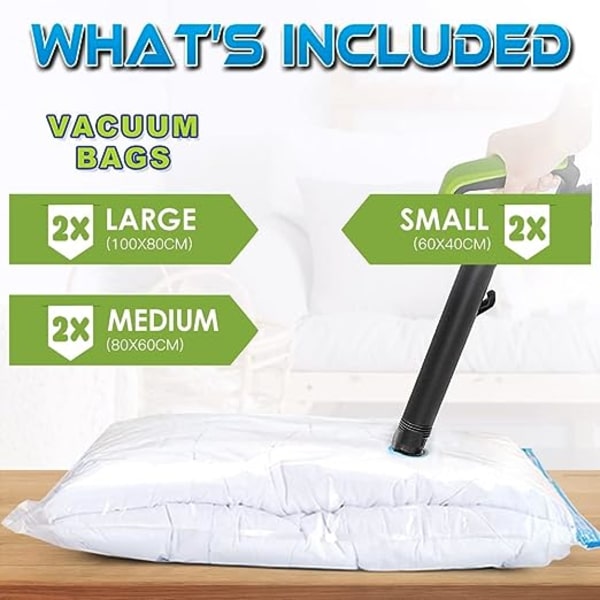 6 stk. vakuumopbevaringsposer 2XL 100x80 +2L 80x60 + 2S 60x40cm vakuumopbevaringsposer rejse vakuumpose til tøj, dyner, sengetøj,