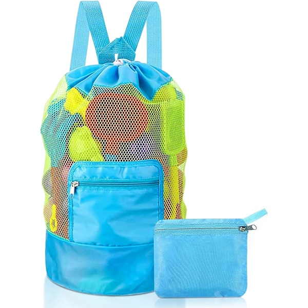 Mesh Strandleksaksväska, Strandleksak Förvaringsväska Stor Nylon Dragsnöre Barn Ryggsäck Hopvikbar Mesh Strandväska, för att bära leksaker och handdukar (Blå)
