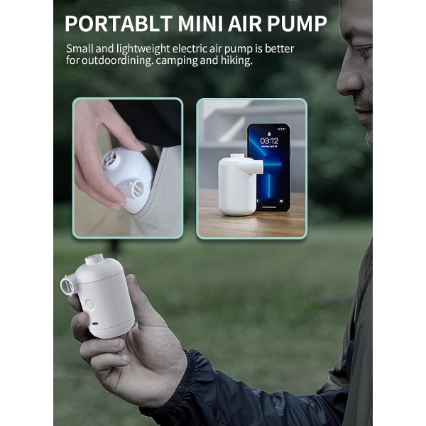Vit - Elektrisk luftpump, mini bärbar USB elektrisk luftpump, campinguppblåsning och snabb tömning, 4 uppblåsningsmunstycken, lämplig för matta