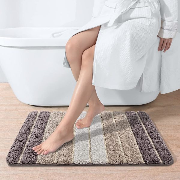 40 x 60 cm Stribet skridsikker bademåtte - Beige, Super blød bademåtte, Maskinvaskbar, Absorberende