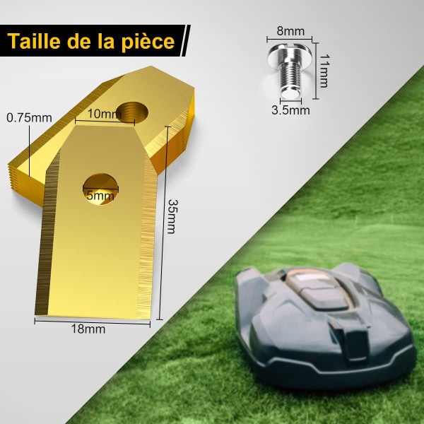 45 x Heavy Duty-blad (4 g / 0,75 mm) med skruv (guld) gräsklippare, titanersättningsblad för Husqvarn/Automower/Gardena, 105, 310, 315, 320, 420,