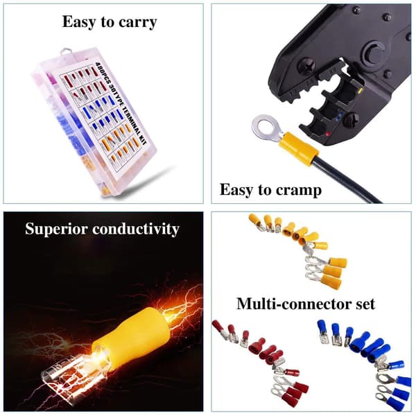 Elektriske terminaler til bil, 480 crimp terminaler inklusive ring, kugle, spade, butt splice)