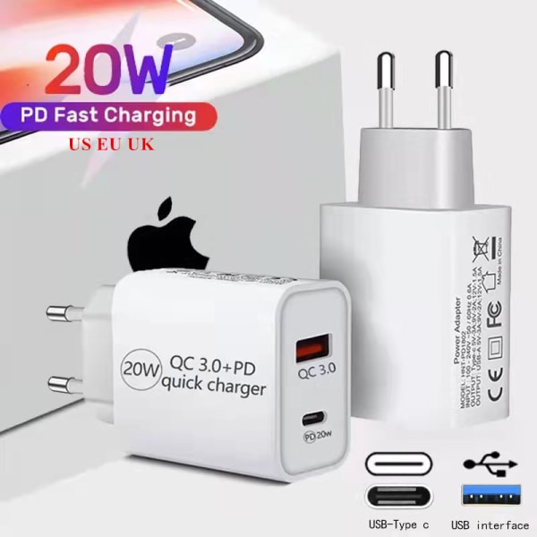 Egnet til iphone13 QC3.0 hurtig opladning PD mobiltelefonoplader 20W PD opladningshoved rejseoplader