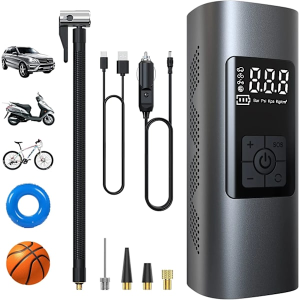6000mAh Mini Elektrisk Luftpump, Bärbar Luftkompressor Sladdlös Däckuppblåsare 150PSI med Digital LCD-display, Elektrisk Cykelpump med
