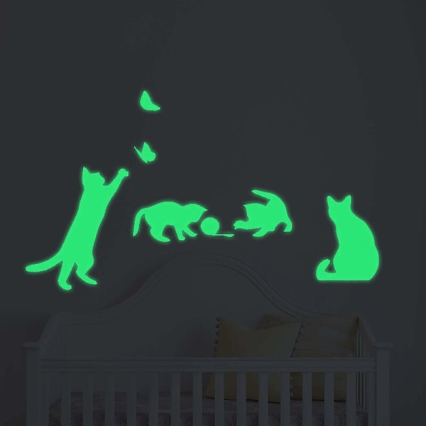 Väggdekaler som lyser i mörkret. Dekorativa katter vinyl. Stötfångardjur. Fluorescerande ljusdekor, pojke, flicka, barn och baby.