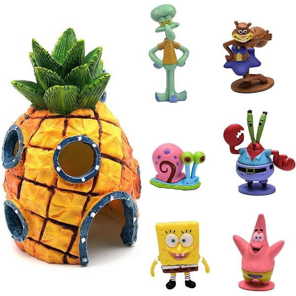 7-pack Akvarium Dekorationer, SpongeBob SquarePants Akvarium Dekorationer Fisktank Dekorationer Resin Fisktank Dekorationer