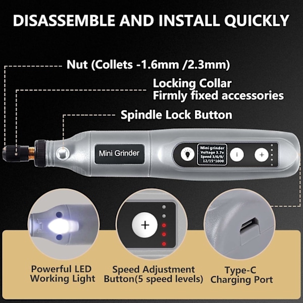 USB Trådløst Rotationsværktøj - 5 Hastigheder m/ Lys & 24 Bits - Til Boring/Slibning/Gravering