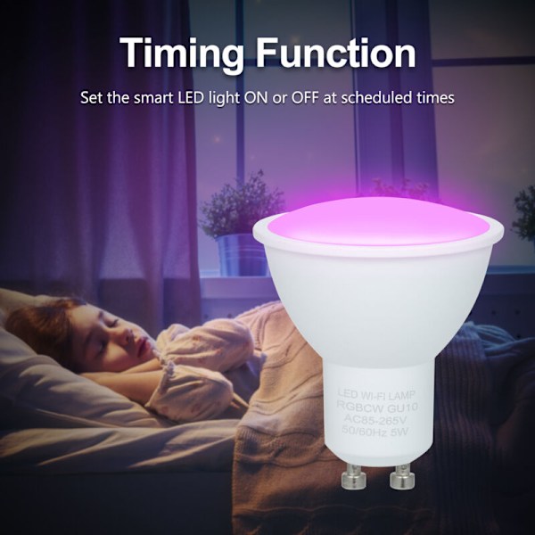 Intelligent Wi-Fi 5 W Dobbelt Tilstand, Hvid og RGB smart pære, 16 millioner farver, GU10 smart lampe, fjernbetjening via applikation, stemmekommando, synkronisering