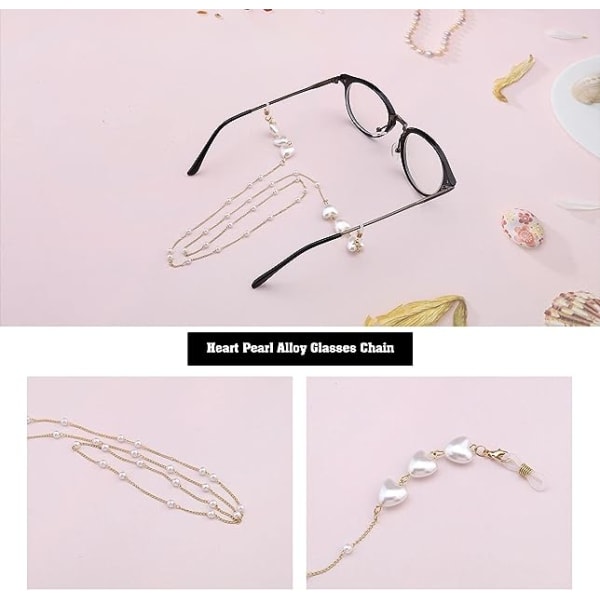 Two piece set of pearl eyewear chains (gold and silver), heart-shaped pearl mask, eyewear strap, sunglasses holder, wire rope, eyewear strap, ladies