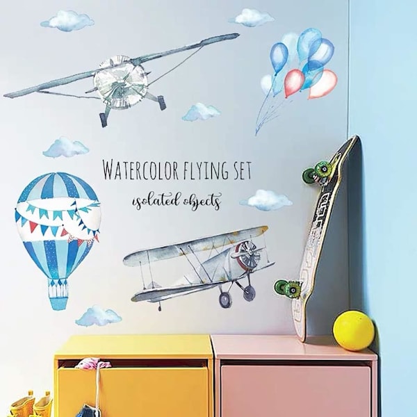 - akvarell veggklistremer gutt FLY og BALLONG blå (50*70 cm) I plakat varmluftsballong skyer dekorative klistremer I veggklistremer for barn