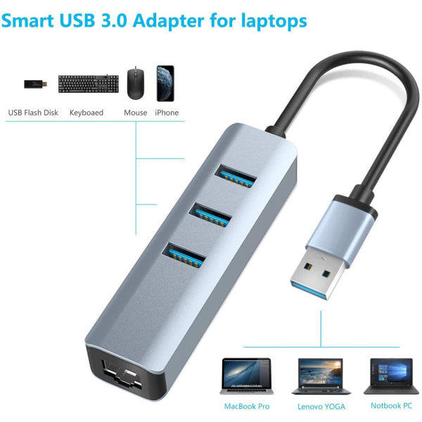 USB 3.0 to Ethernet Adapter, 3 Port USB 3.0 Hub with 10/100/1000 Gigabit RJ45 Ethernet Adapter Support Windows 10, 8.1, Mac OS, Surface Pro, Linux,