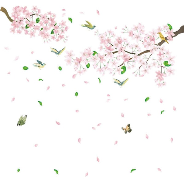 En uppsättning väggdekaler gren med blommor fåglar fjäril, väggdekal för fönster, väggdekoration för vardagsrum sovrum kök