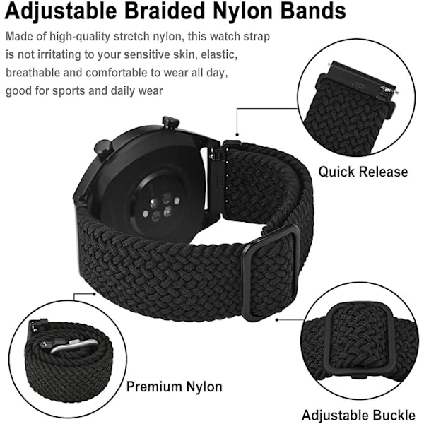 Justerbar Vævet Nylonrem, Unisex, 22mm, Sort