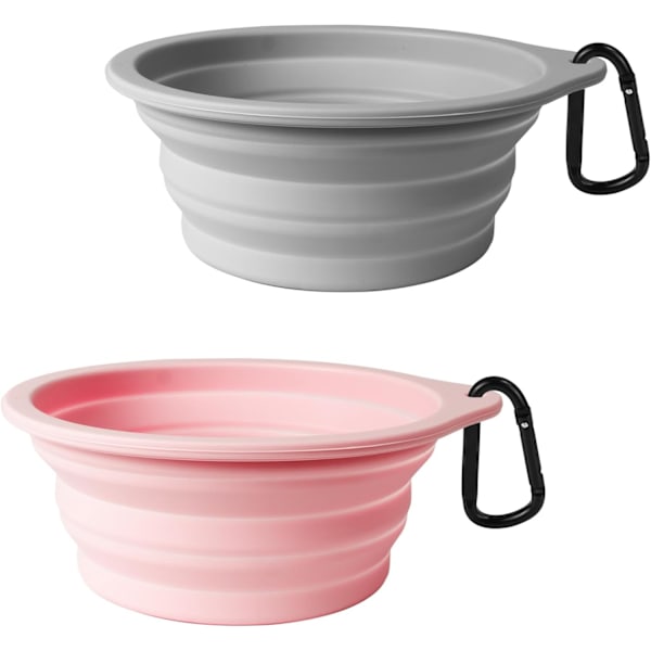 Hopfällbar Silikonmatskål för Husdjur - 2-pack BPA-fri för Hundar & Katter | Diskmaskinsäker, Portabel med Karbinhakar (Grå + Kritrosa)