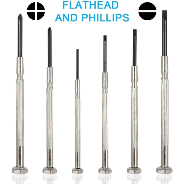 6-delad miniskruvmejselset, skruvmejsel för glasögonreparation, precisionsreparationsverktygssats med 6 olika storlekar på platta och Philips-skruvmejslar, Gr