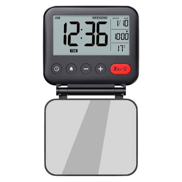 Reseväckarklocka mini digital klocka LCD Bärbar med retro upplyst kalender 12/24h temperatur Sminkspegel Smink Liten hopfällbar kontorsklocka