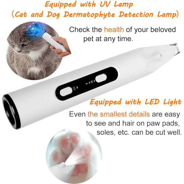 Hundtrimmer, Kattrimmer, Hundrakhyvel, Tyst, USB-laddningsbar, Med LED-ljus  UV-lampa, Hår/Hår/Padtrimmer/Rakhyvel för Hund Katt Husdjur Tass, Öra, Öga,