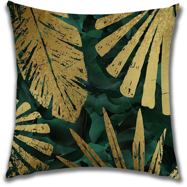 Set med 4 st kuddfodral 45x45 cm kvadratiska i gröna blad och gyllene överdrag Linnekuddar för soffkuddar