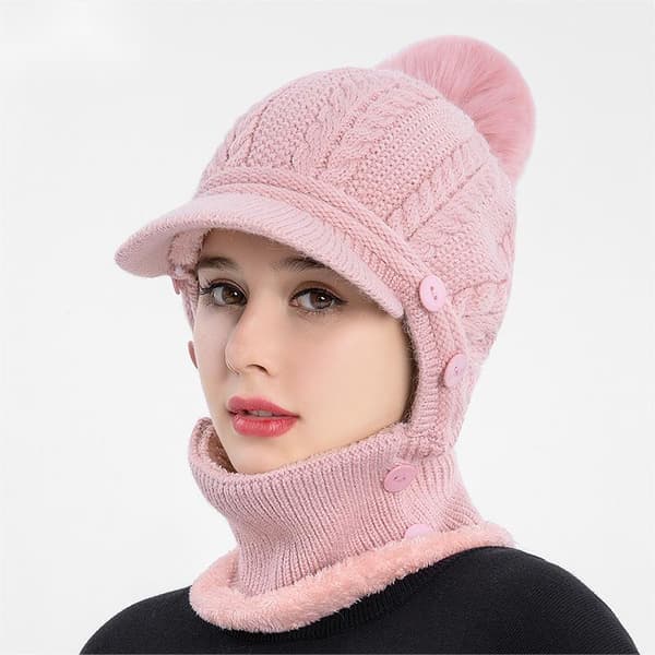Stickad pullover för kvinnor med öronlappar i ull, halsduk integrerad varm mössa (rosa)