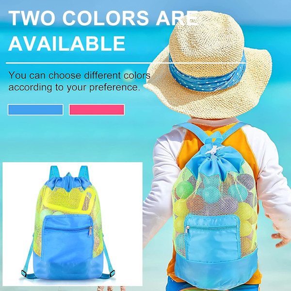 Mesh Strandleksaksväska, Strandleksak Förvaringsväska Stor Nylon Dragsnöre Barn Ryggsäck Hopvikbar Mesh Strandväska, för att bära leksaker och handdukar (Blå)