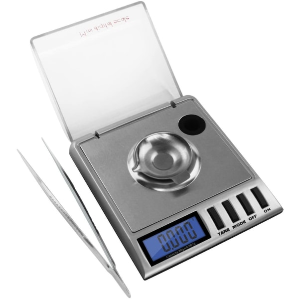 Smart Weigh højpræcision milligram digital smykkeskala, 20 x 0,001 g, med tarafunktion, kalibreringsvægt og pincet inkluderet.