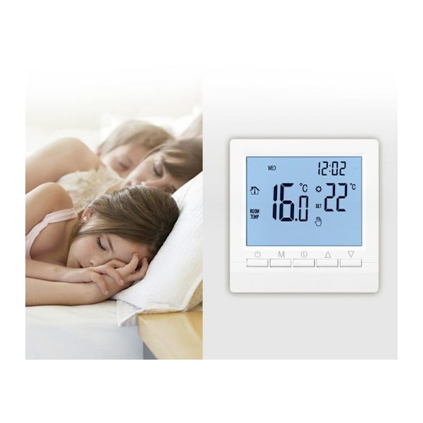 Varmetermostat for 1,5 V gasskjele, figurregulator batteridrevet med hvit bakgrunnsbelysning for programmerbare kjeler, ukentlig