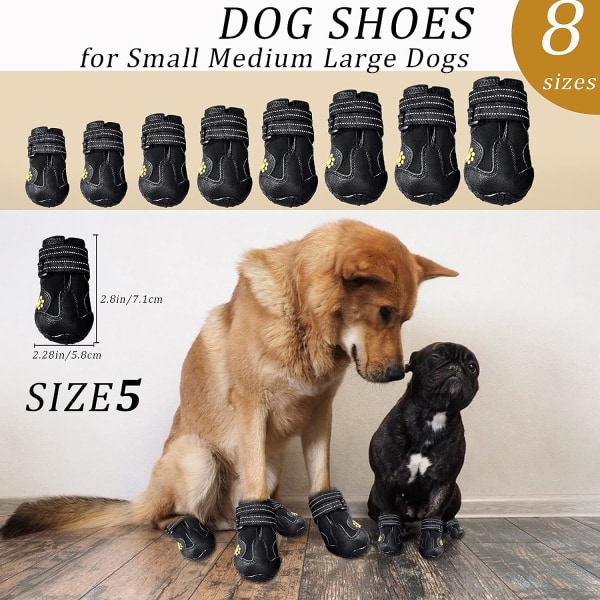 4 stk. Bottes Chien(A, 5), Vandtætte Hundesko med Justerbare Refleksstropper til Store og Mellemstore Hunde