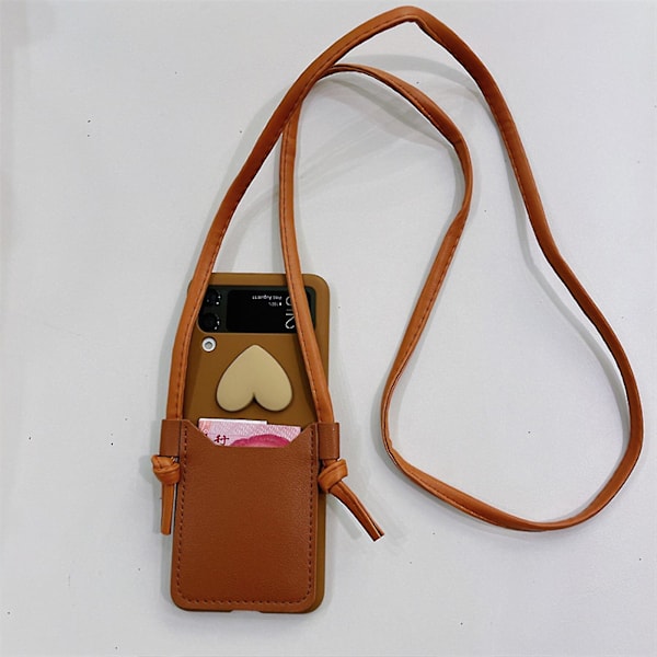 Hjerteformet etui kompatibelt med Samsung Galaxy Z Flip 4, PC-ramme PU-lær støtsikker deksel med snor Brun