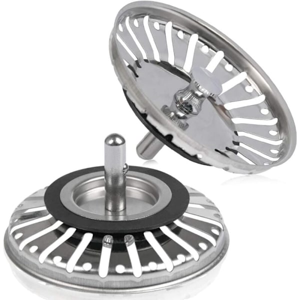 2 stk. Vaskfilter/Slagplugg for vask knapphull kjøkken/bad diameter 84 mm med kuleformet tupp, i rustfritt stål