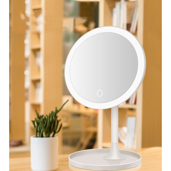 Pöytätietokoneen LED-meikkpeili lampulla, USB-latausmeikkpeili, LED-valkoinen pyöreä täyttöpeili