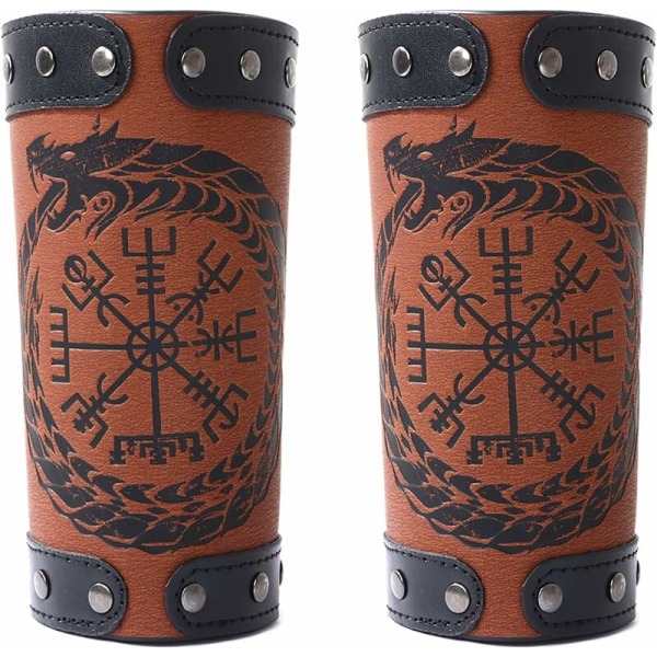 Håndlavede fuldnarvede læderbracers, Viking Rune Kompas Bracers, Middelalderlig Bracer Læder Gauntlet Bracer, Læder Bracer Arm Cuff Armor, , brun 2