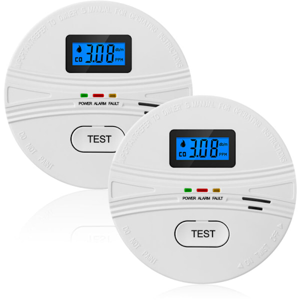 Rök- och kolmonoxiddetektor, 2-pack, CO- och 2-i-1-detektorer batteridrivna med testknapp, ljudvarning och digital LCD-skärm, fi