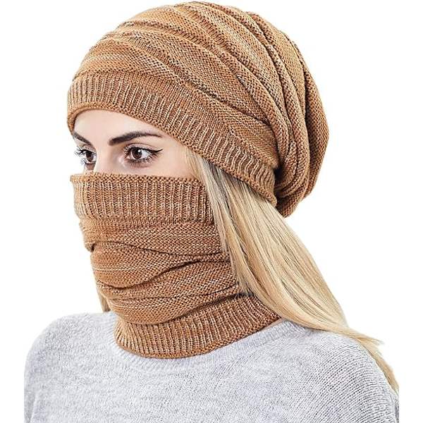 2 i 1 Dame Slouchy Hue Hat og Halstørklæt Sæt Fleeceforet Strikket Ski Hat Vinter Varmt Hue og Halsvarmer til Piger(brun)