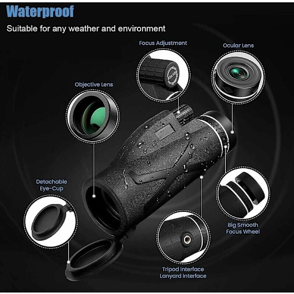 Monokulær kikkert 80 x 100 høj effekt monokulær HD starscope med smartphone support og vandtæt stativ til fugleobservation, jagt, rejser, ca
