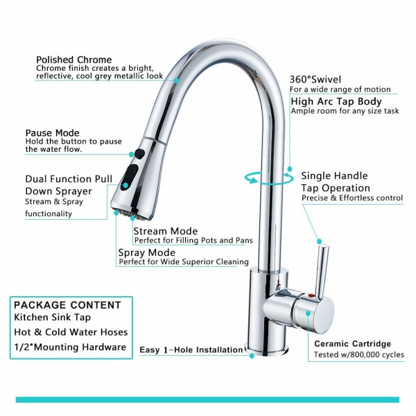 Kitchen sink mixer tap with pull down sprayer Chrome plated, single lever high arc pull out kitchen tap, single level solid brass kitchen tap