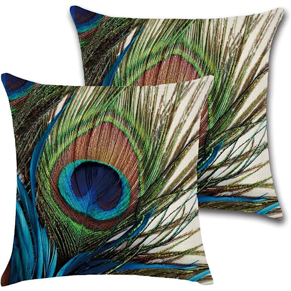 Set med 4 dekorativa kuddfodral i bomull och linne med påfågelfjädrar 45 x 45 cm