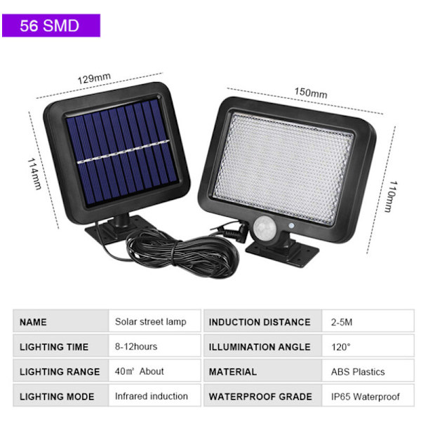 56 LED utomhus solcellslampa med rörelsesensor, 120° vattentät IP65 solcellslampa för trädgård med 5 m kabel, [Energiklass A++]