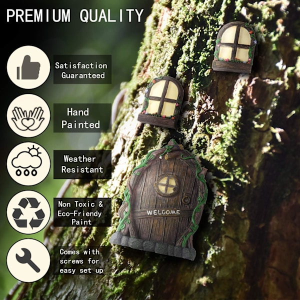 Mini Sagoskogsträdgård Tillbehör Utomhus Dekorationssats Trädstubbe Ornament Tomte Dörr Set Trädgårdskonst Utomhus Mellanrum Barn Fönster Glöd i Mörkret