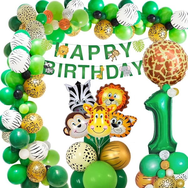 Djungel 1 år gammal pojke födelsedagsfest dekorationer, 1 år gammal baby pojke födelsedagsfest dekorationer, 1 år gammal födelsedag ballonger djur med latex Ju