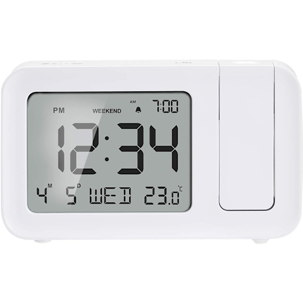 Loftprojektionsvækkeur med baggrundsbelyst display, dato, indendørs temperatur, USB-opladningskabel, strømforsyning og batterier (Sne hvid)