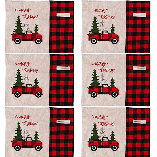 6 stk. Jule Buffalo Plaid Dugunder Farmhouse Rød Lastbil Ferie Bord Dugunder, Bomuld Linned Rød og Sort Buffalo Check Dugunder til Spisebord C