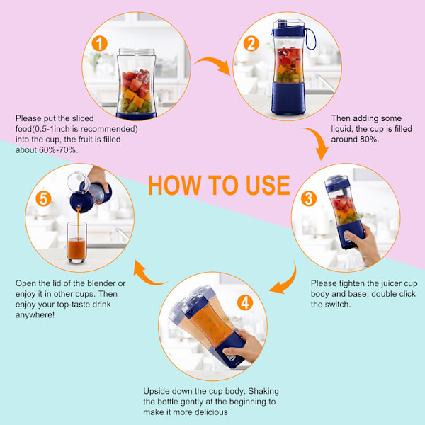 Blå bærbar mini blender, personlig størrelse elektrisk frugtblender USB genopladelig elektrisk frugtblender juicere babyrejse 380ml, 6 blade blender