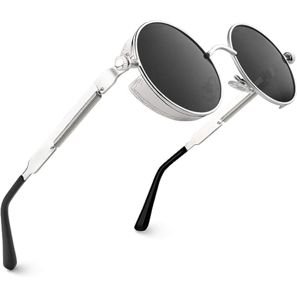 Sølv innfatning Grå linse-Polariserte runde solbriller for menn og kvinner