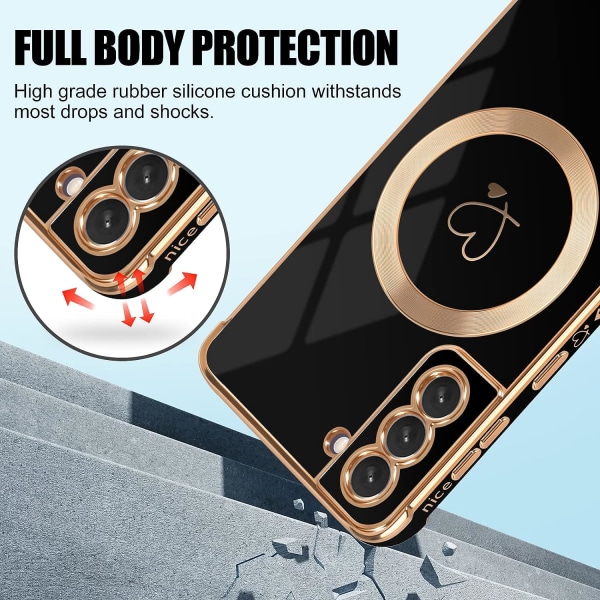 Black Case for Samsung Galaxy S21 Case for Women Girl [MagSafe Compatible] Cute Heart Pattern Magnetic Case with Plated Edge Silicone Shockproof Pro